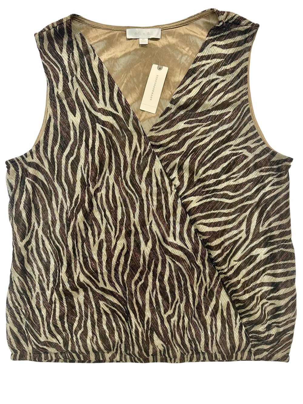 Anthropologie Eri + Ali Metallic Shimmer Zebra Crossover Faux Wrap Blouse XL NWT